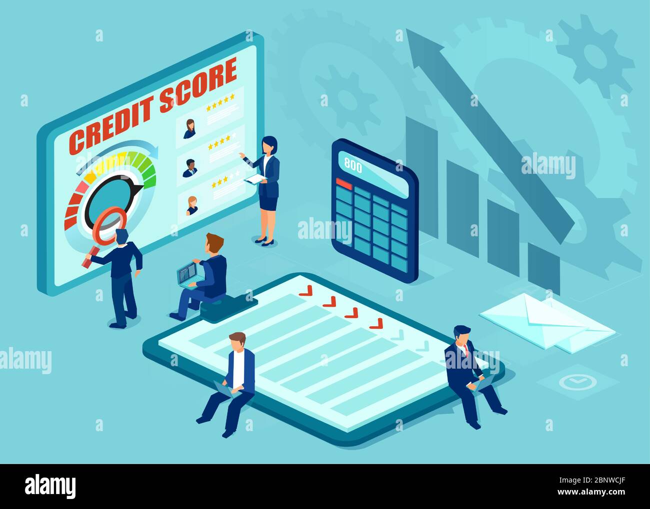 Vectoir di analisti che valutano la storia di credito di potenziali candidati per il prestito finanziario. Rating del credito, concetto di controllo del rischio. Illustrazione Vettoriale