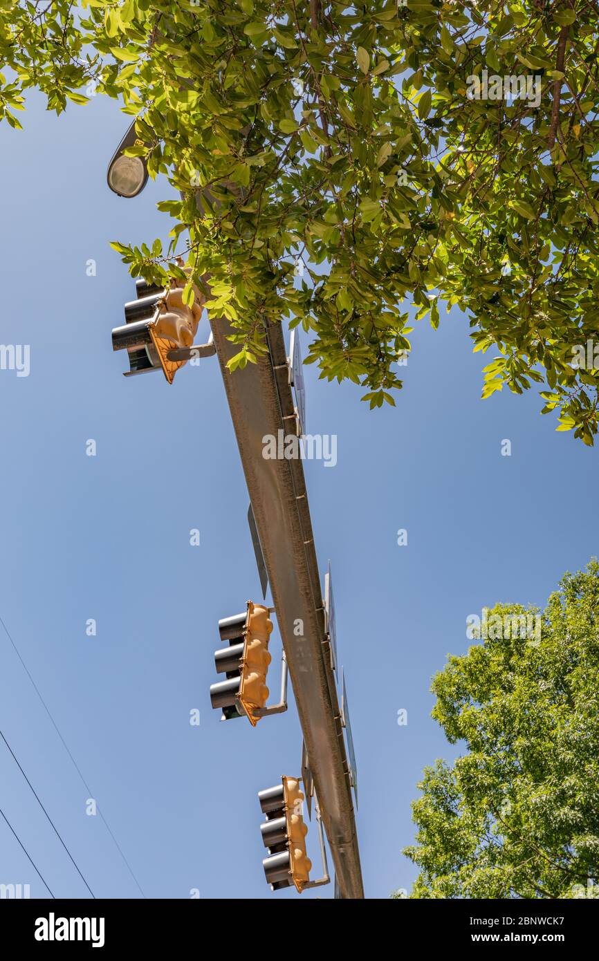Braccio di palo luminoso con numerose luci di stop, vista dal basso, cielo blu e alberi, aspetto verticale Foto Stock
