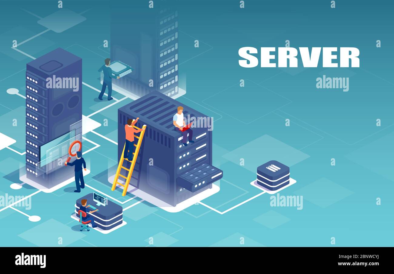 Vettore isometrico di rete di server e personale di supporto tecnico Illustrazione Vettoriale