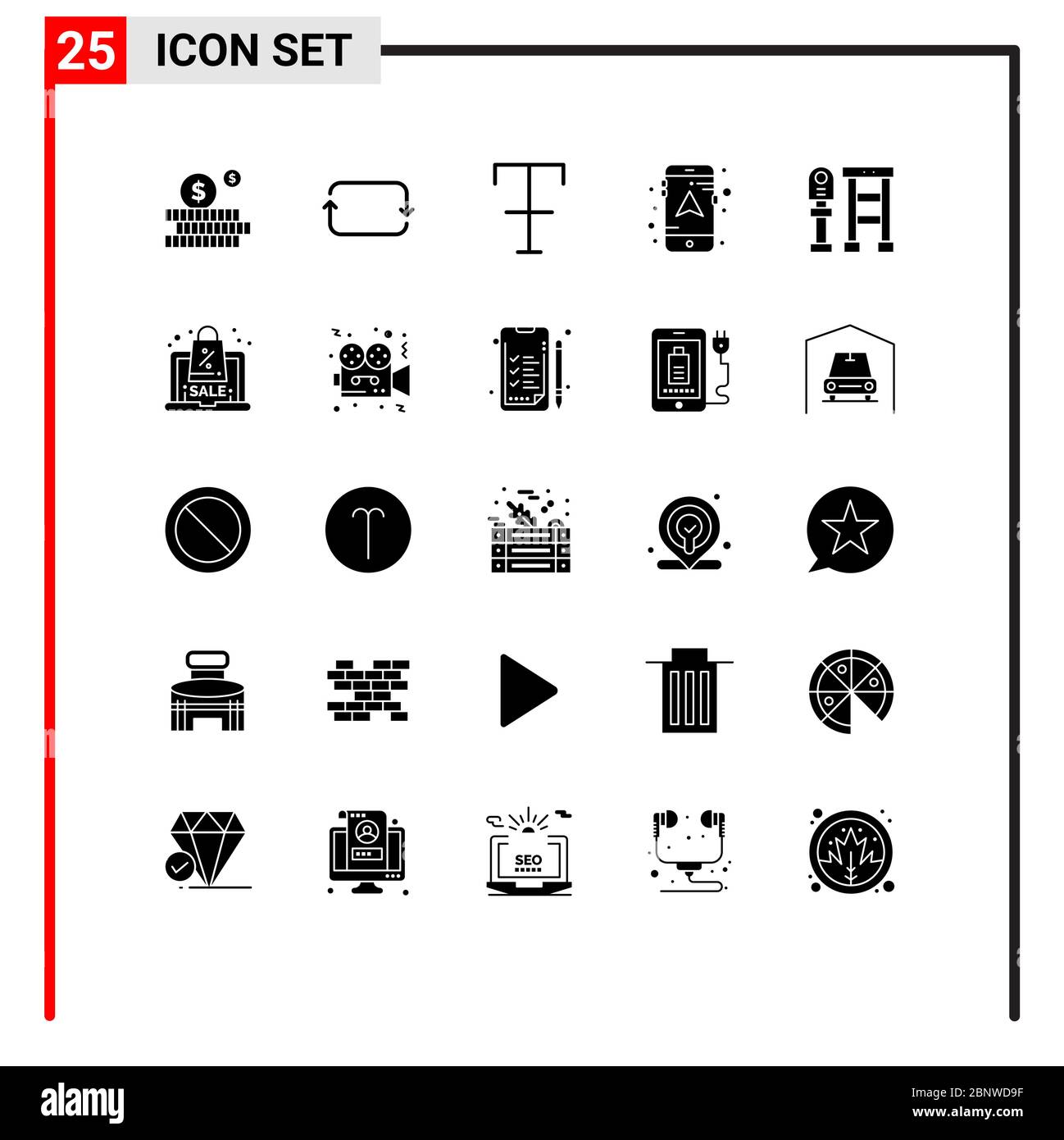 Set moderno di 25 Glifi solidi Pictografo di sconto, stazione, formato, bus, navigazione elementi editabili Vector Design Illustrazione Vettoriale