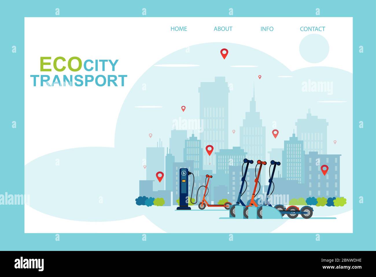 Vettore di una stazione elettrica scooter, trasporto urbano ecologico, concetto di servizio di condivisione Illustrazione Vettoriale