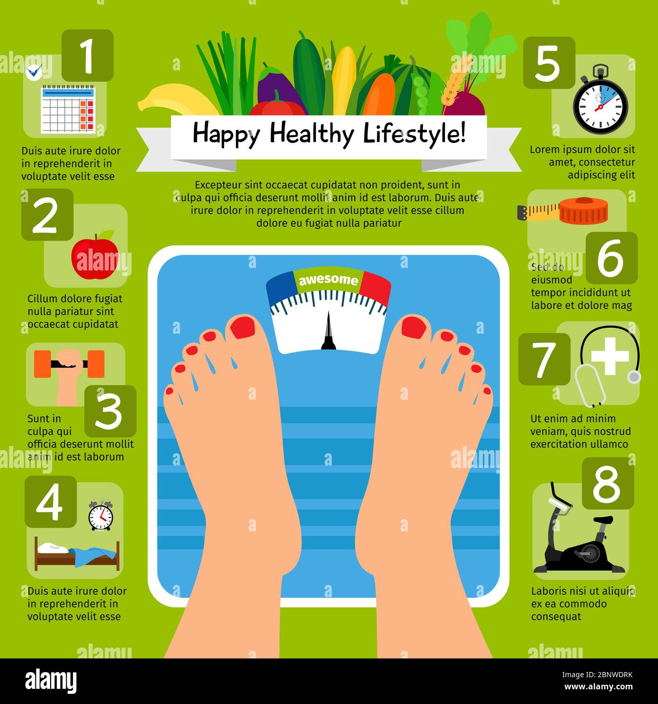 Concetto di scala di perdita di peso con cibo sano e icone sportive. Illustrazione vettoriale dell'attività di nutrizione e fitness sana Illustrazione Vettoriale
