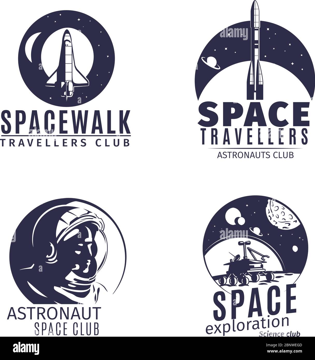 Logo Space in stile retrò. Etichette e badge astronautici vintage con astronauta, razzo spaziale e casco. Illustrazione vettoriale Illustrazione Vettoriale