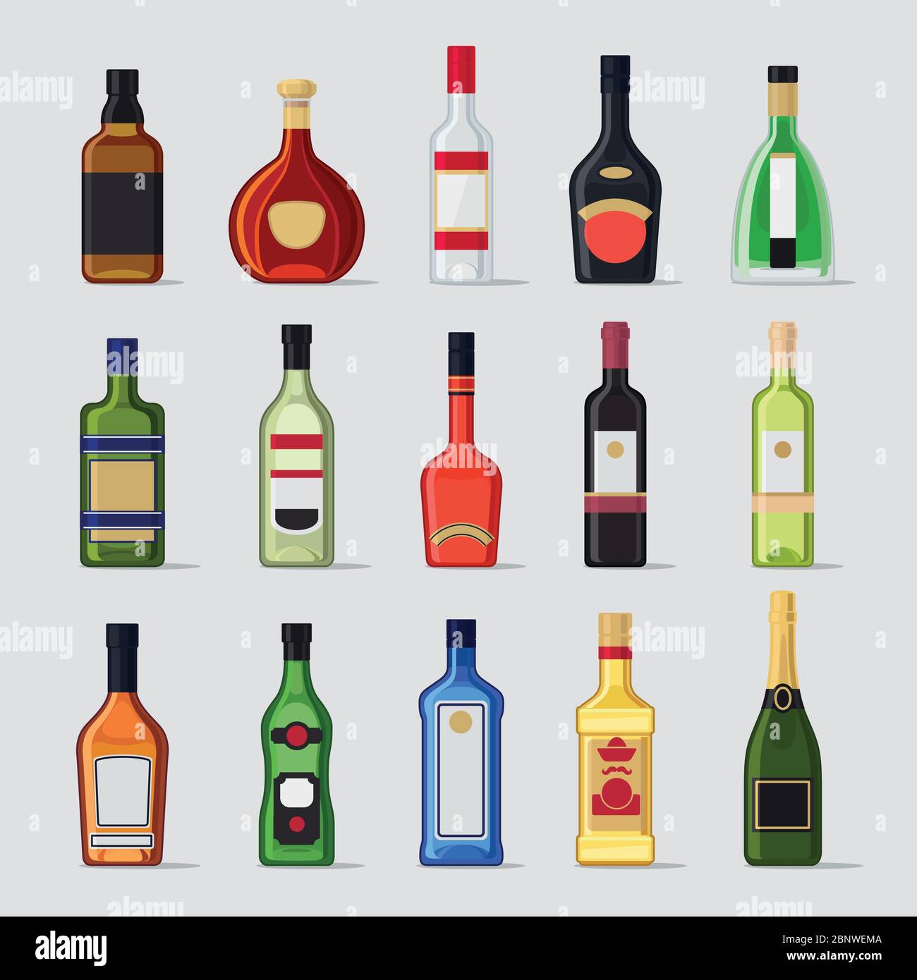 Icone di alcool in una bottiglia piatta. Illustrazione vettoriale delle bottiglie di bevande Illustrazione Vettoriale