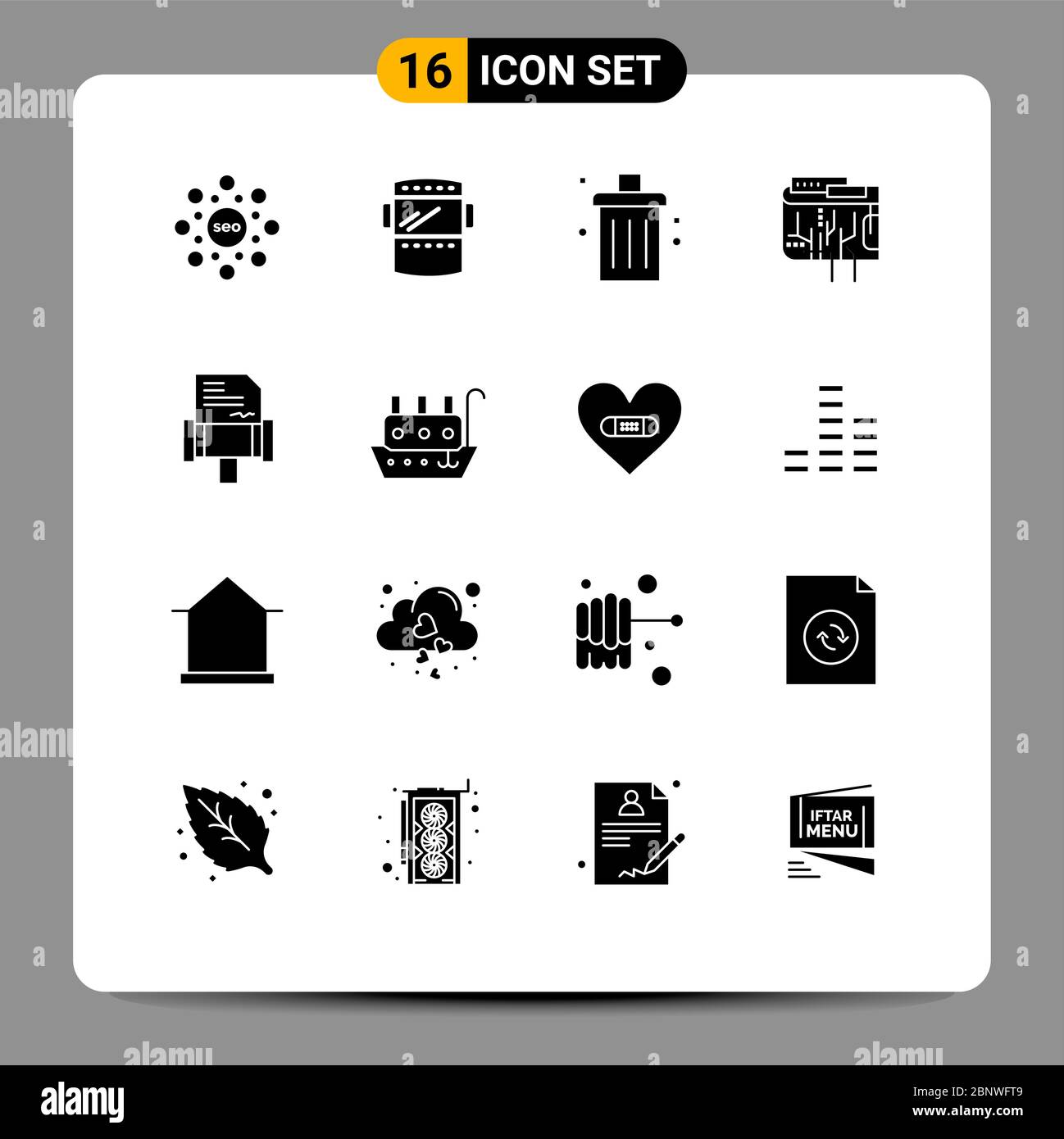 Pacchetto di 16 simboli universali di simboli multipli, digitali, bin, valuta, rimozione di elementi di disegno vettoriale modificabili Illustrazione Vettoriale