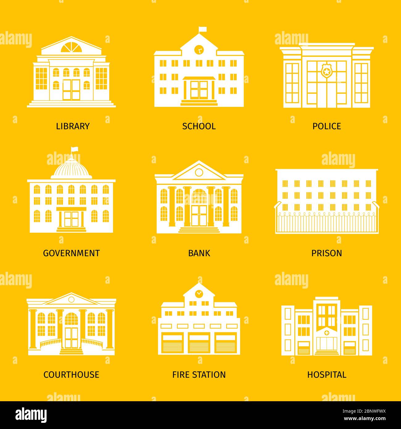 Edifici comunali icone bianche. Set di edifici governativi, municipio e ospedale, cartelli per la casa e la scuola dei governi. Illustrazione vettoriale Illustrazione Vettoriale