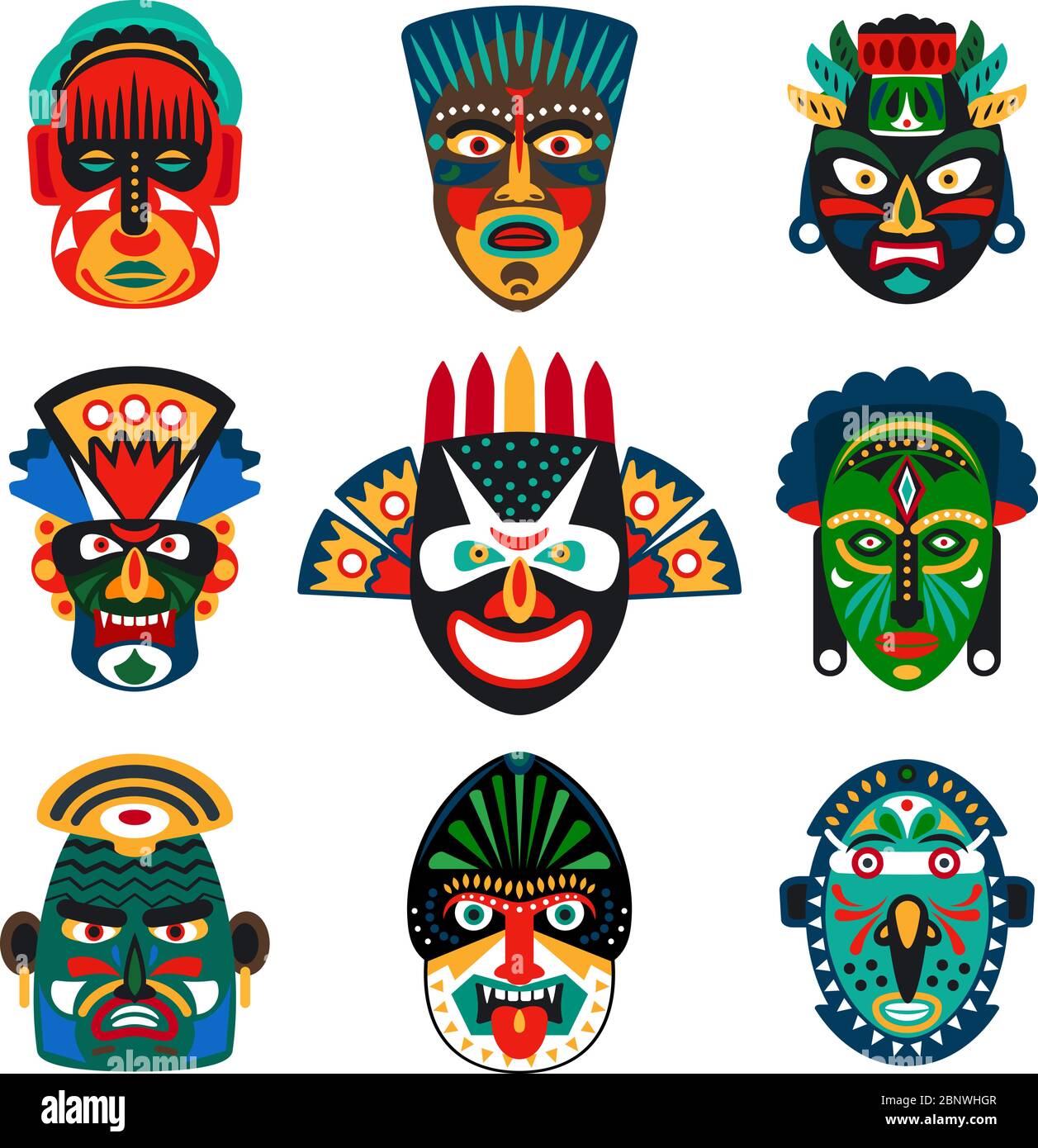 Maschere tribali indiane o africane colorate su sfondo bianco. Illustrazione vettoriale Illustrazione Vettoriale