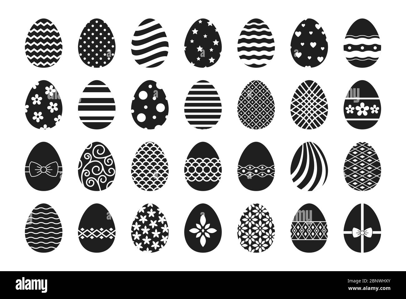 Icone di uovo di pasqua vettoriale. Uova di poppa pasquale felici con motivi floreali e linee isolate su sfondo bianco Illustrazione Vettoriale