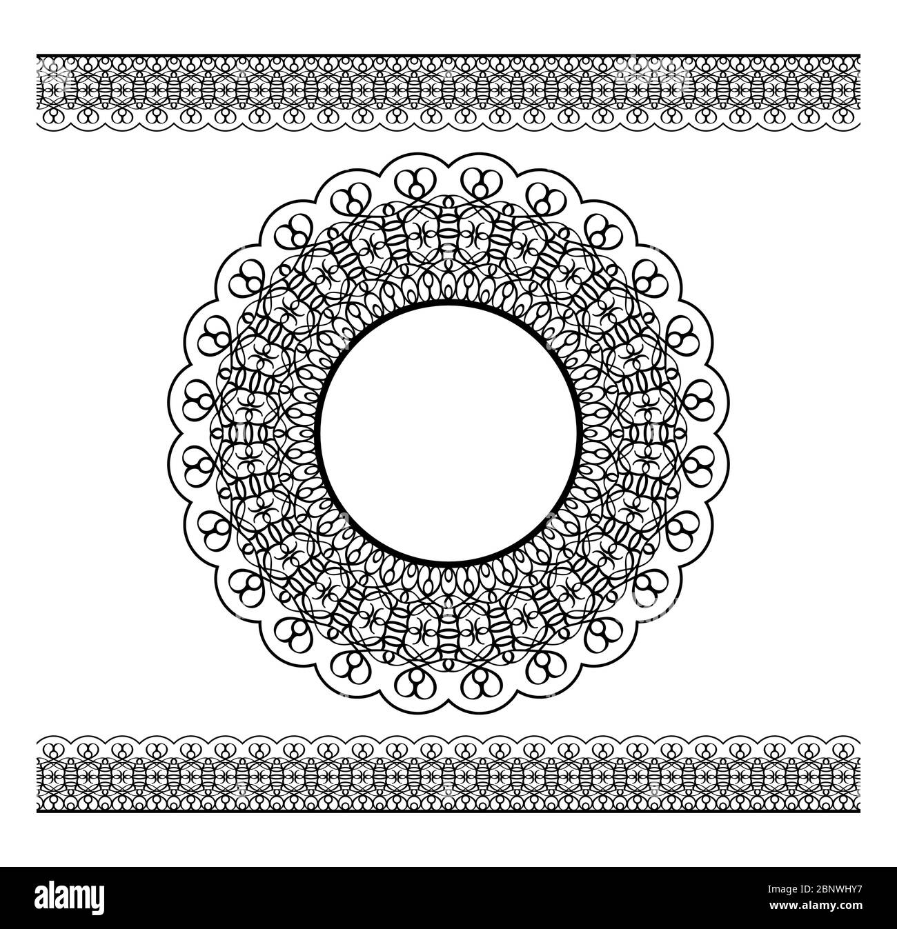 Bordo nero del lacy vettoriale e cornice circolare su sfondo bianco Illustrazione Vettoriale