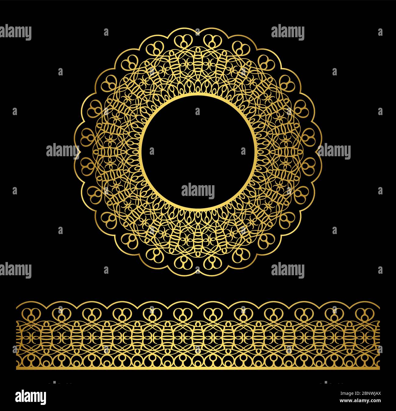 Bordo lacy vettoriale dorato e cornice circolare su sfondo nero Illustrazione Vettoriale