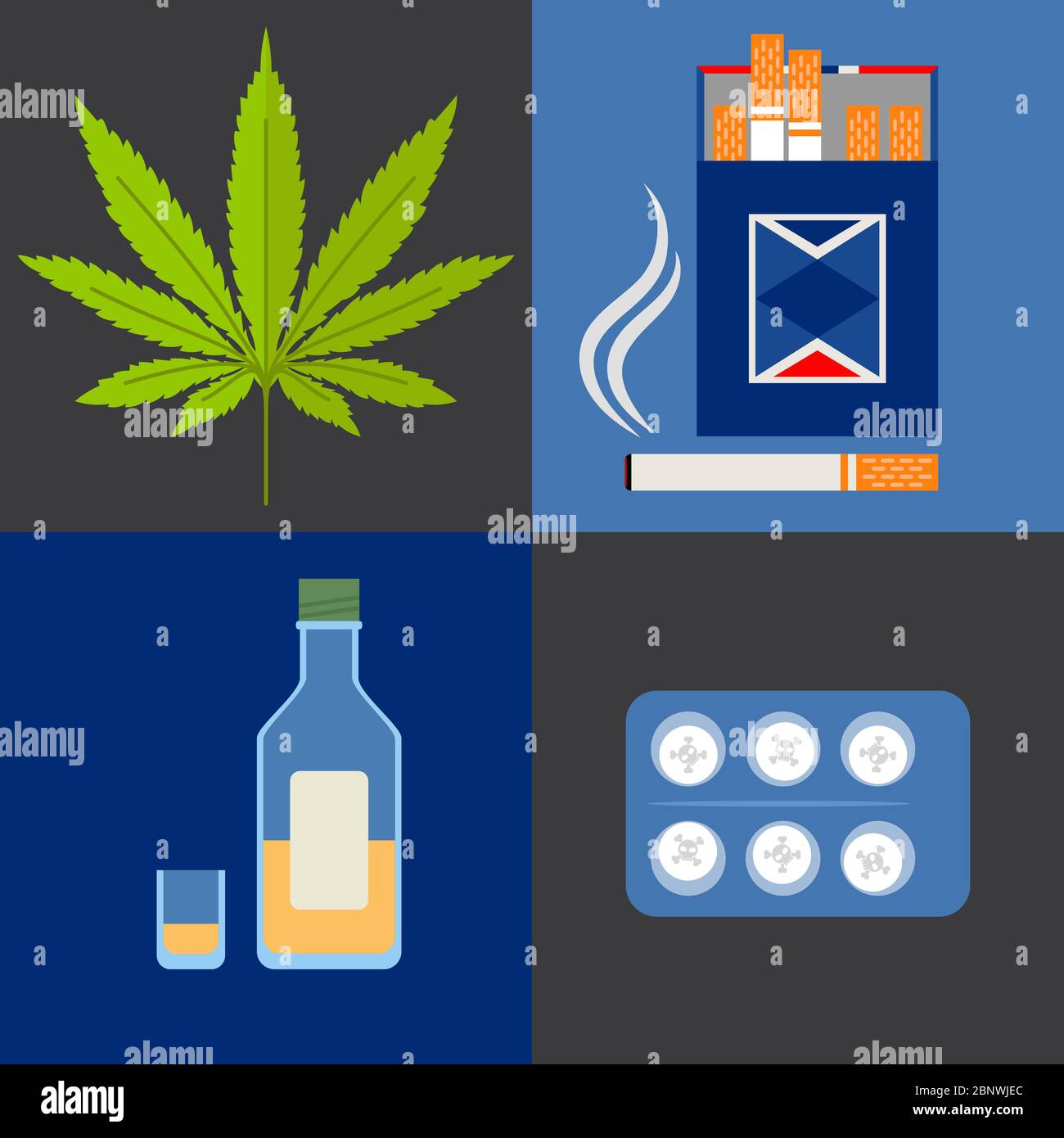 Set di icone di vettori di alcool, droghe, cannabis e tabacco Illustrazione Vettoriale