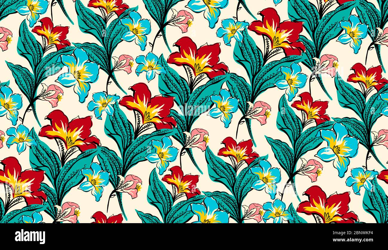 Design floreale rosso con illustrazione senza cuciture e sfondo chiaro per le stampe tessili. Foto Stock