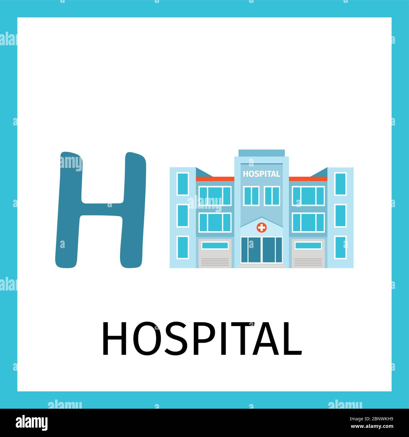 Carta alfabetica per bambini con edificio ospedaliero. Illustrazione vettoriale della scheda lettera H. Illustrazione Vettoriale