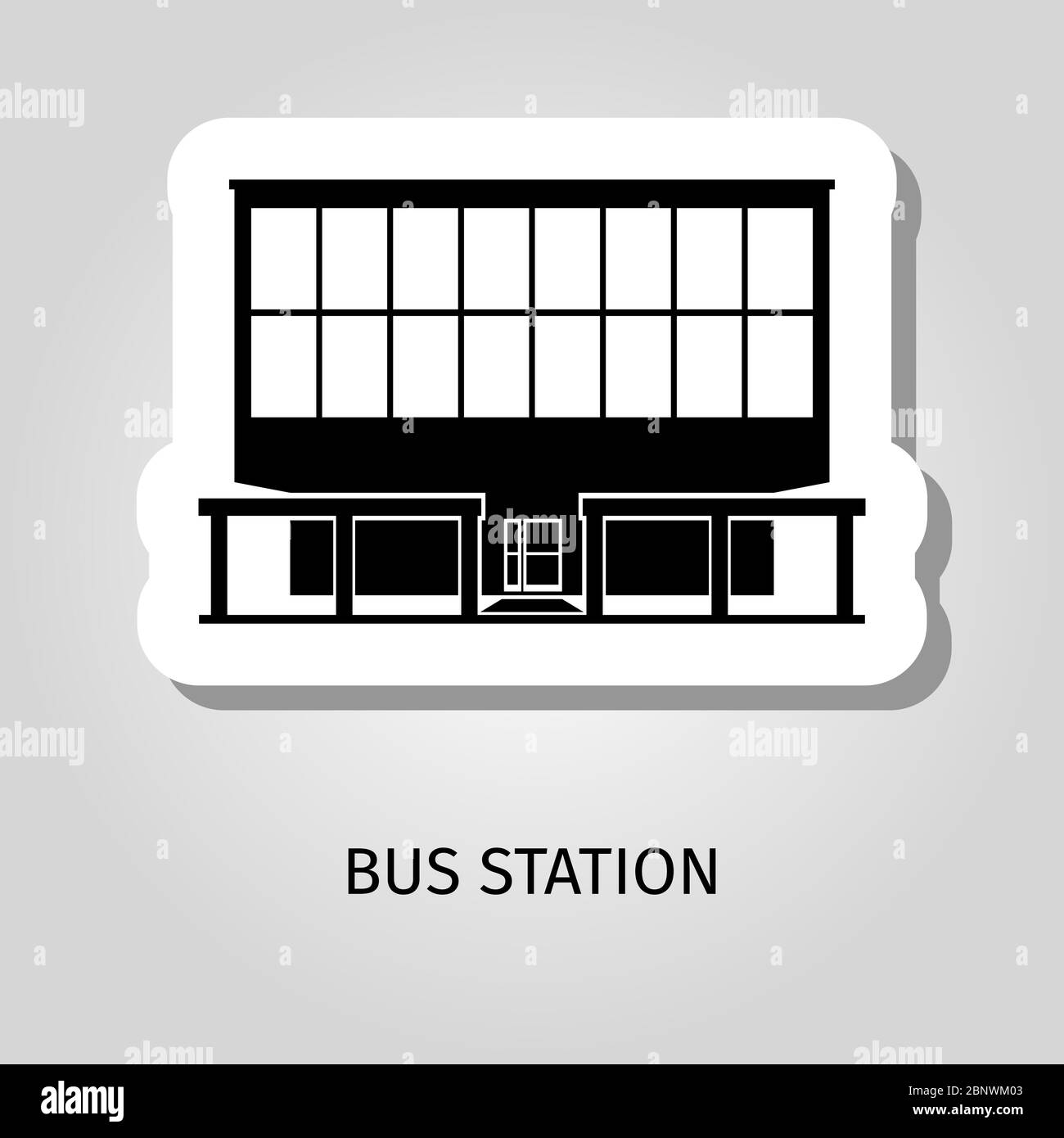 Icona dell'adesivo Web vettoriale per la costruzione della silhouette della stazione degli autobus Illustrazione Vettoriale