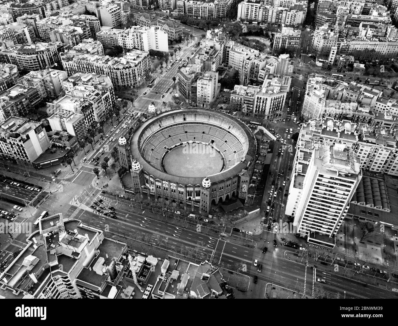 Plaza Monumental o la Monumental Arena e la Taureola vista aerea Barcellona Catalogna Spagna Foto Stock