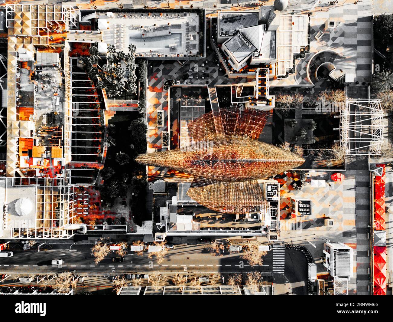 Peix o pesce di Frank Gehry vicino al porto olimpico di Barcellona vista aerea Barcellona Catalogna Spagna questo pesce gigante è diventato una delle più rosee Foto Stock