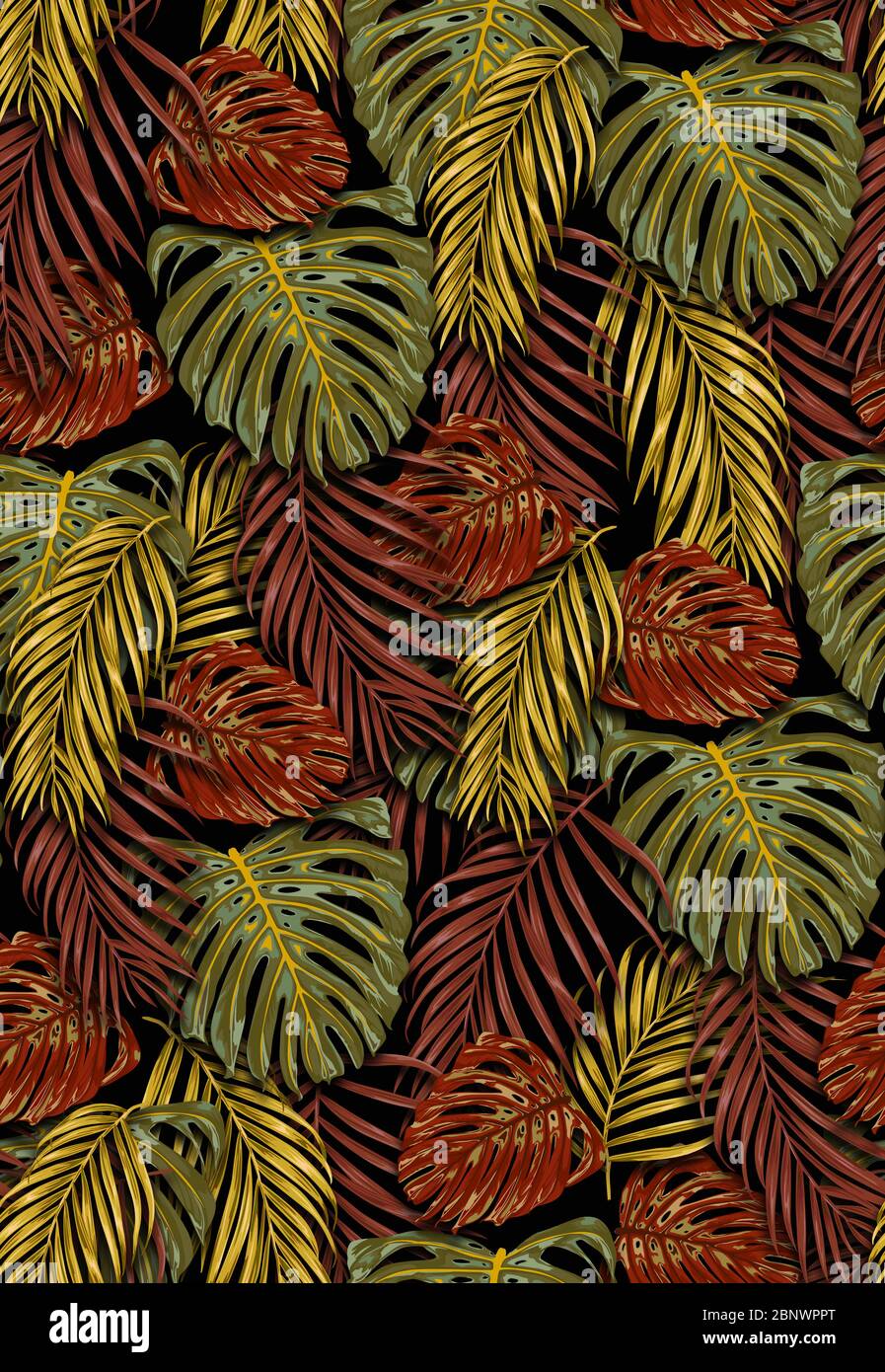 Foglie tropicali senza cuciture, foglie di palma estive della giungla. Patch per stampa, tessuto, foulard. Foto Stock