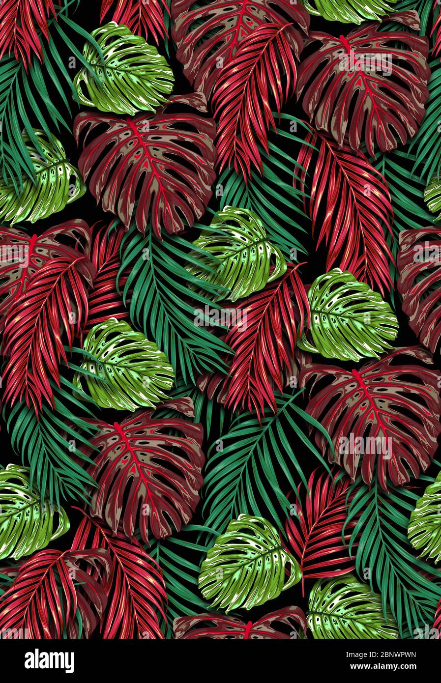 Foglie tropicali senza cuciture, foglie di palma estive della giungla. Patch per stampa, tessuto, foulard. Foto Stock