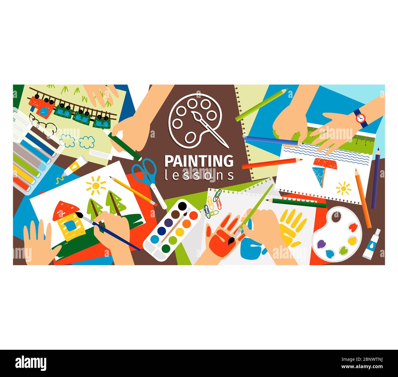 Banner per bambini creativi fatti a mano. Processo creativo, lezioni di pittura illustrazione vettoriale Illustrazione Vettoriale