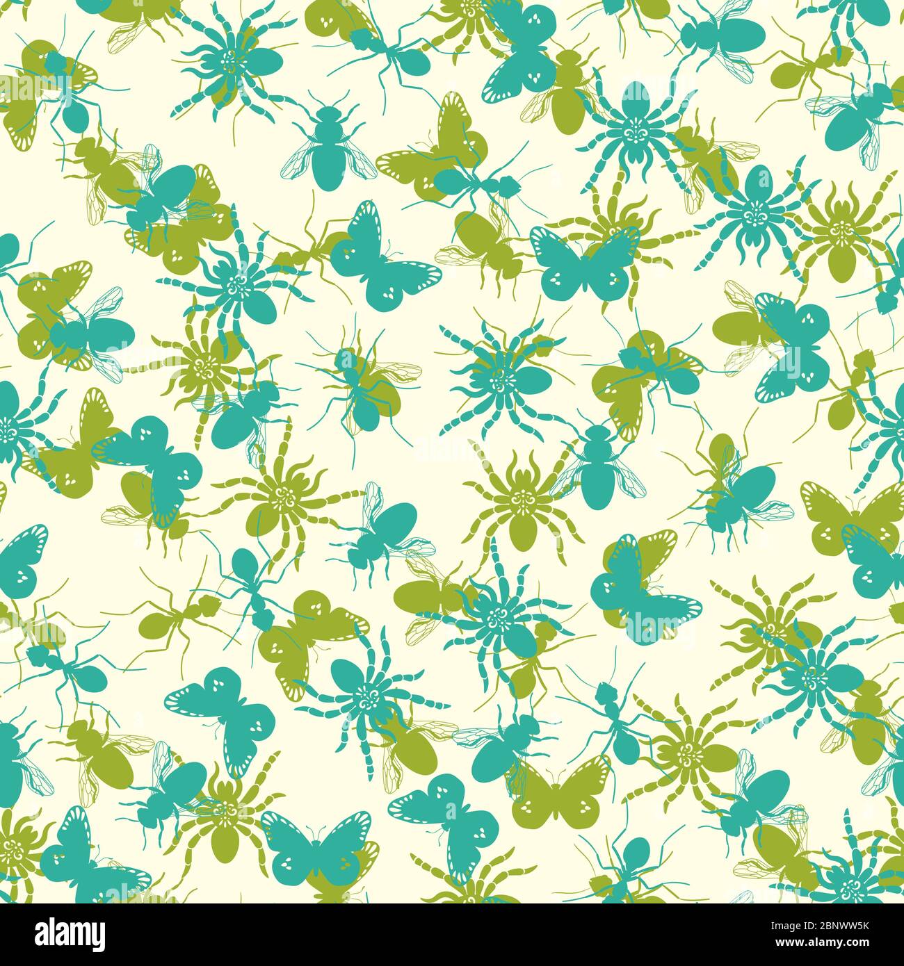 Motivo senza cuciture per cuscino con turquouse e silhouette di insetti verdi. Illustrazione vettoriale Illustrazione Vettoriale