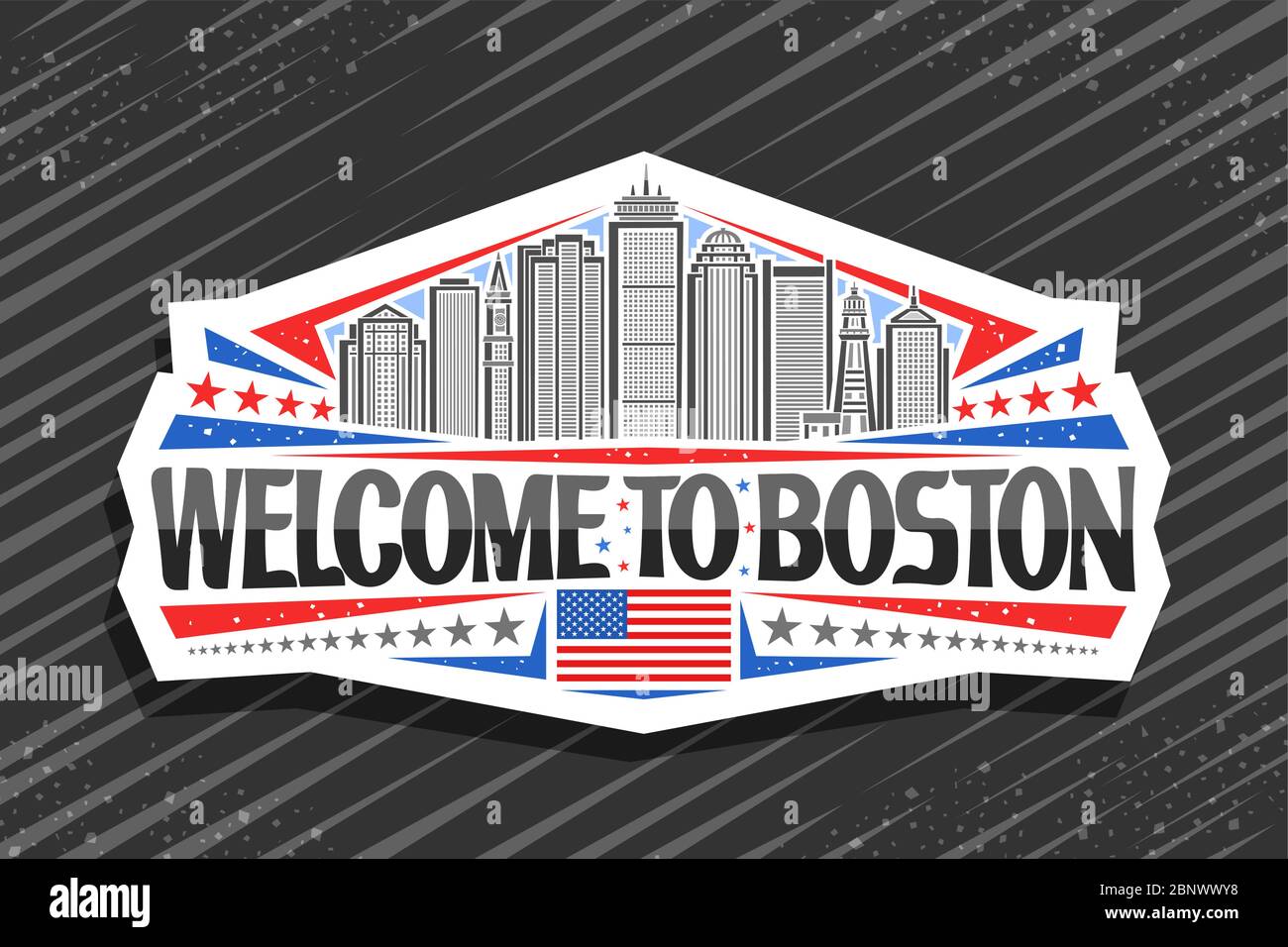 Logo vettoriale per Boston, badge decorativo bianco con illustrazione della moderna città di boston su sfondo cielo di giorno, magnete frigorifero di design artistico con Illustrazione Vettoriale