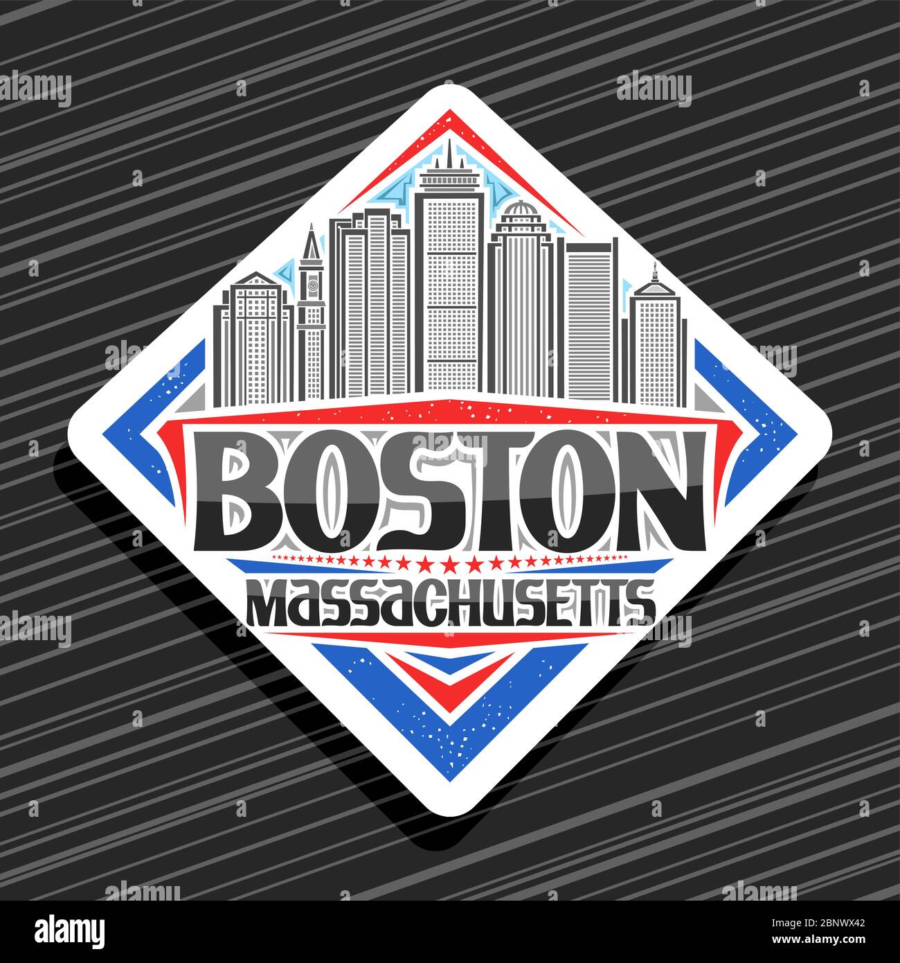 Logo vettoriale per Boston, cartello stradale decorativo bianco con illustrazione della città di boston su sfondo cielo giorno, magnete frigorifero turistico con luce Illustrazione Vettoriale