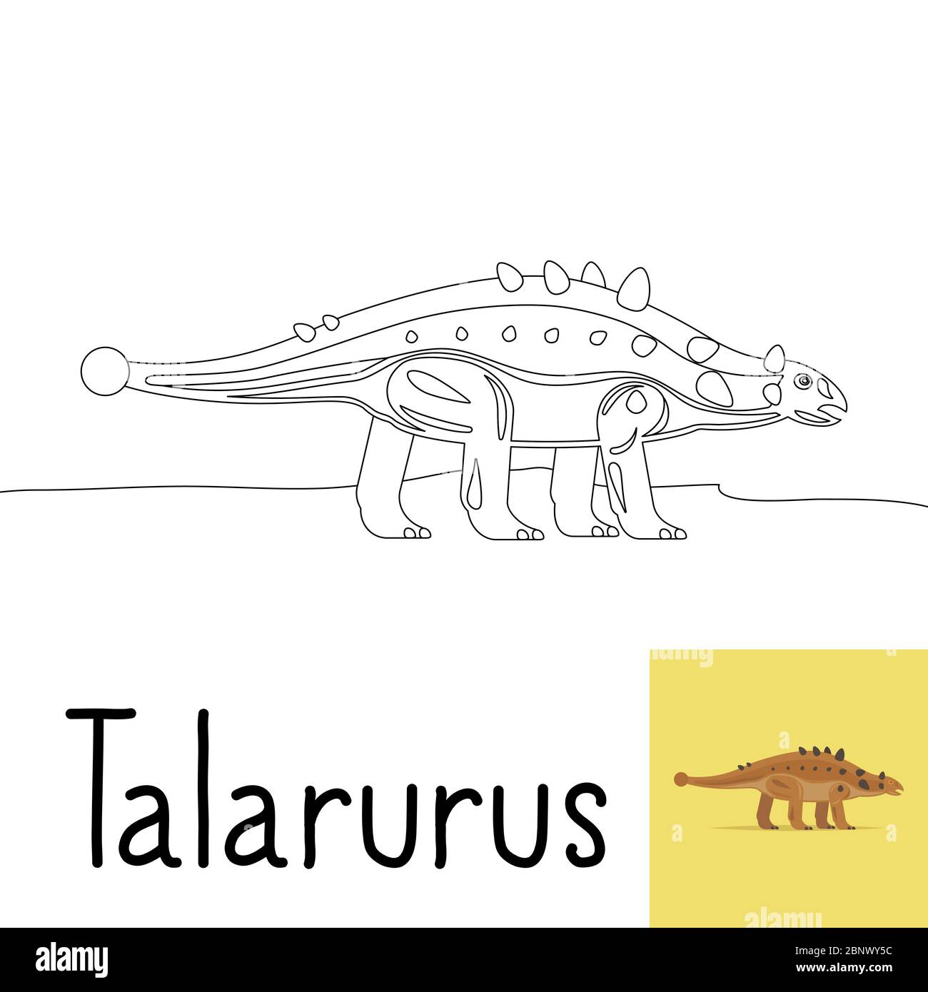 Pagina da colorare per bambini con dinosauro Talarurus e anteprima colorata. Illustrazione vettoriale Illustrazione Vettoriale