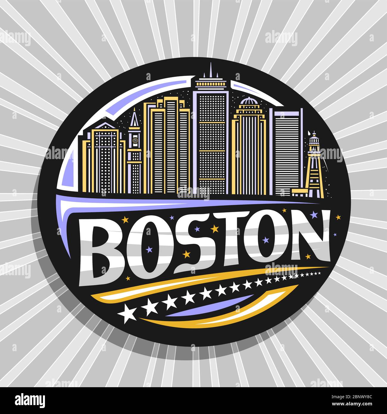 Logo vettoriale per Boston, adesivo cerchietto nero decorativo con illustrazione di linea del paesaggio moderno della città di boston su sfondo cielo crepuscolo, art design turistico Illustrazione Vettoriale