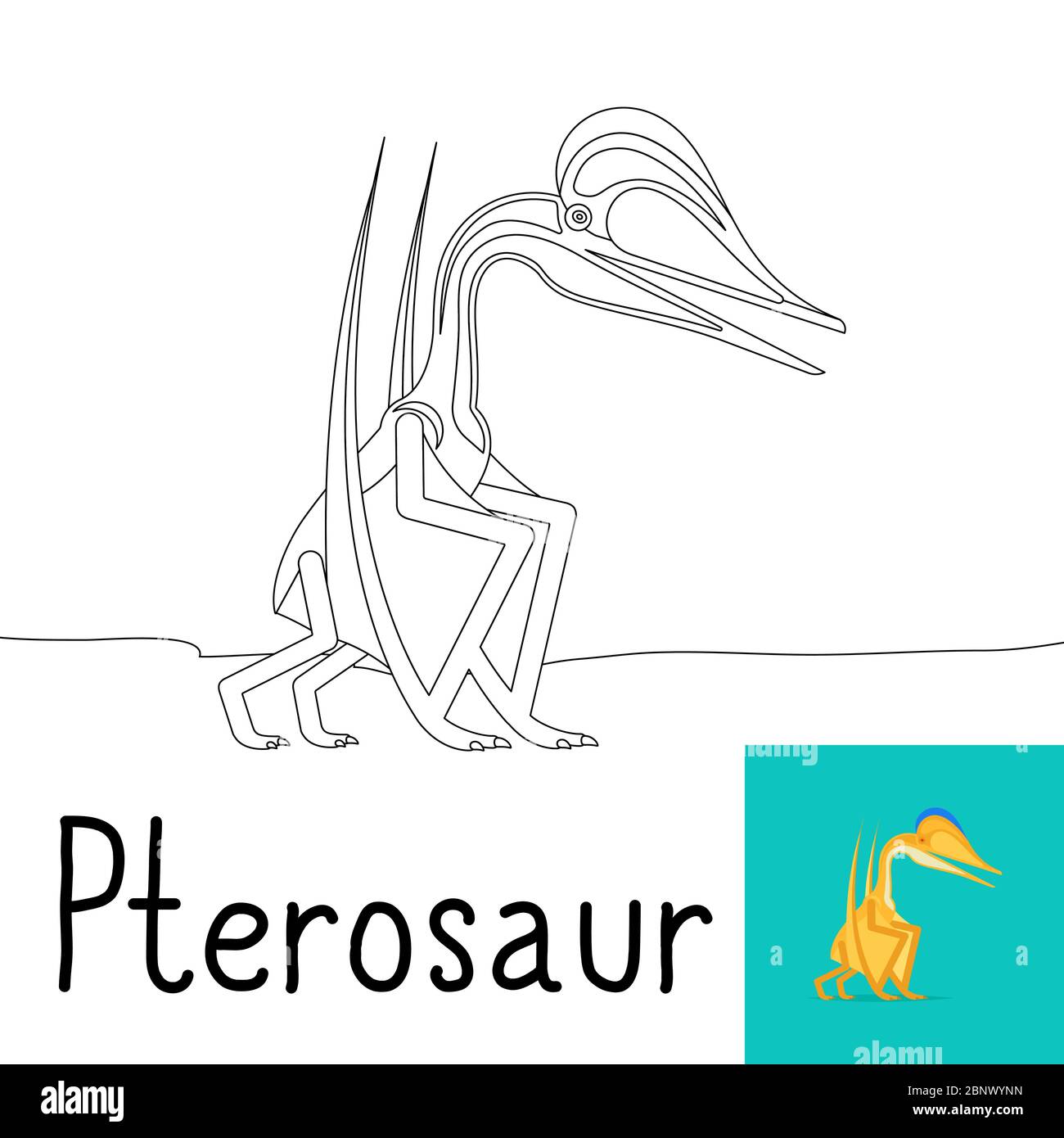 Pagina da colorare per bambini con dinosauro Pterosauro e anteprima colorata. Illustrazione vettoriale Illustrazione Vettoriale