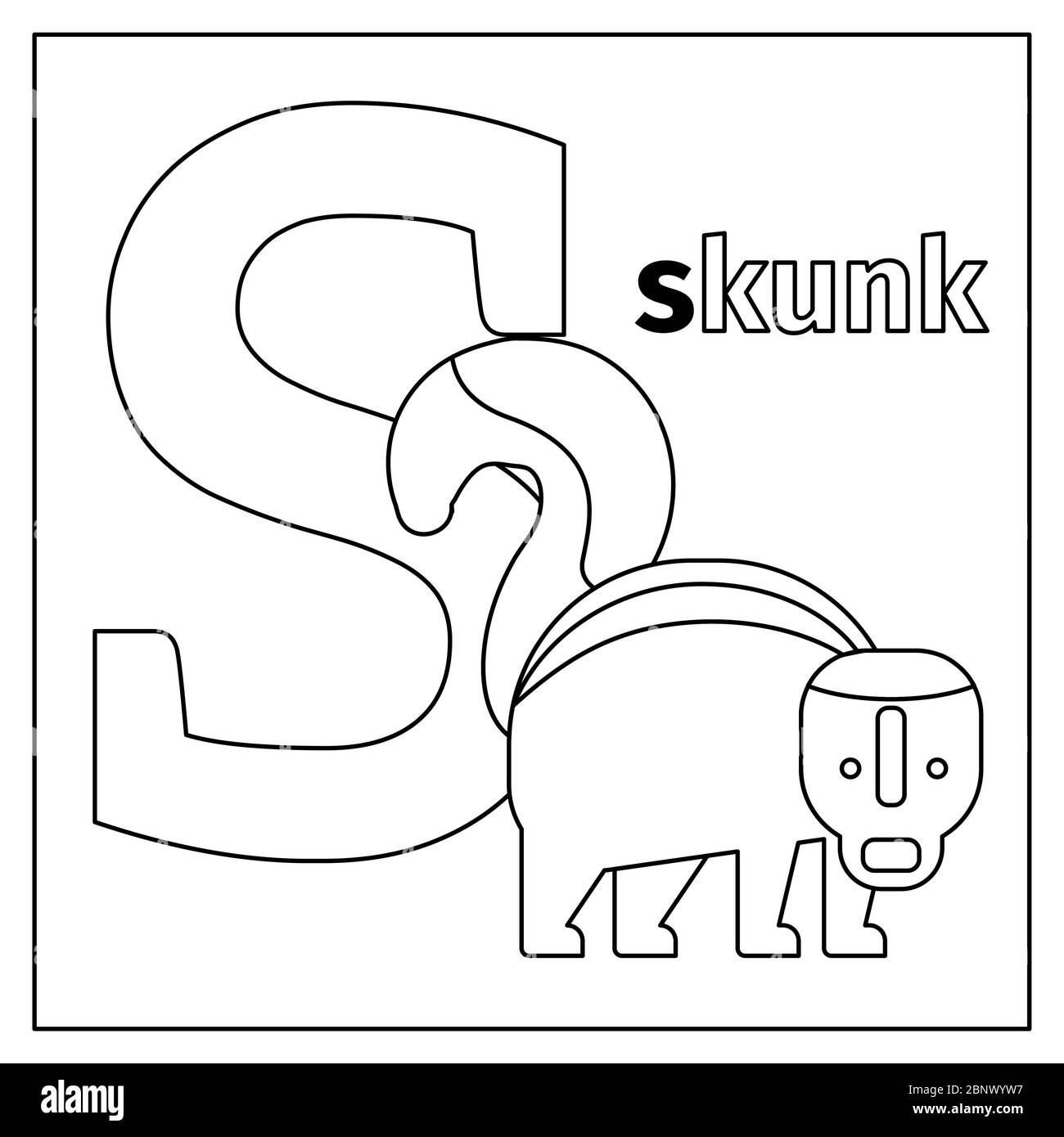 Pagina da colorare o carta per bambini con alfabeto zoo inglese. Skunk, lettera S illustrazione vettoriale Illustrazione Vettoriale