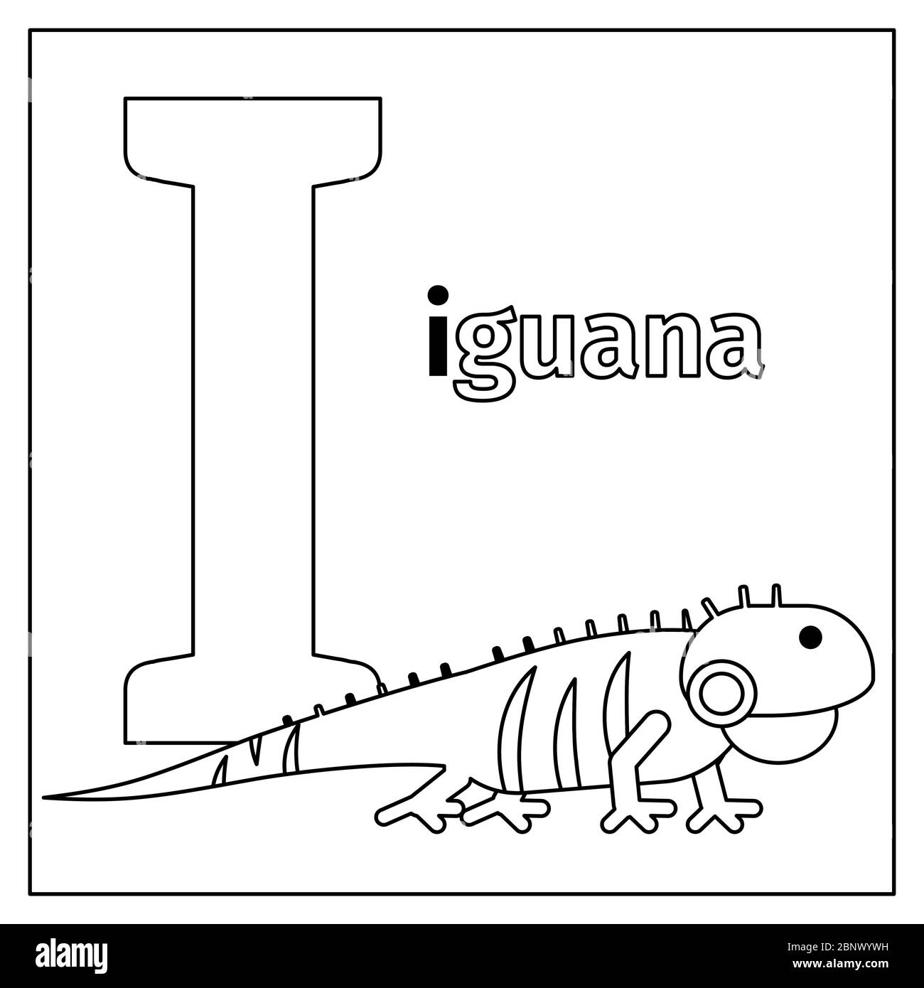 Pagina da colorare o carta per bambini con alfabeto zoo inglese. Iguana, lettera i illustrazione vettoriale Illustrazione Vettoriale