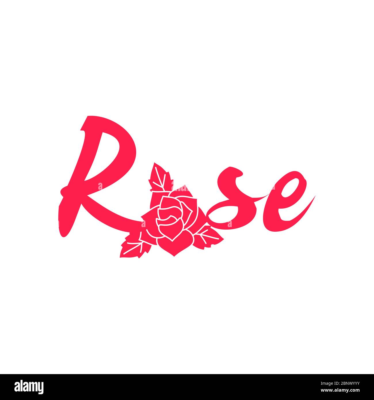 Rosa parola moda rosa, scritta disegnata a mano, rosa e simbolo foglia. Illustrazione vettoriale Illustrazione Vettoriale