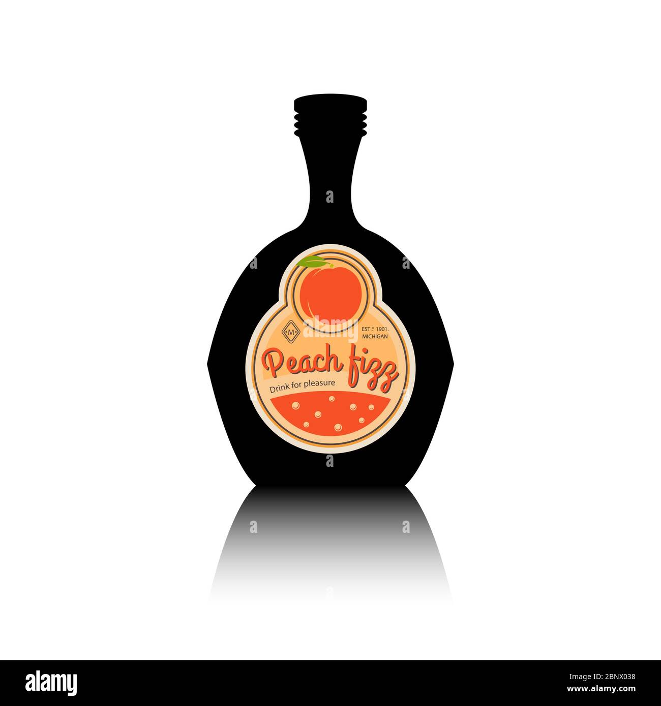 Silhouette nera con etichetta di frutta vintage e riflesso. Illustrazione vettoriale di Peach fizz Illustrazione Vettoriale