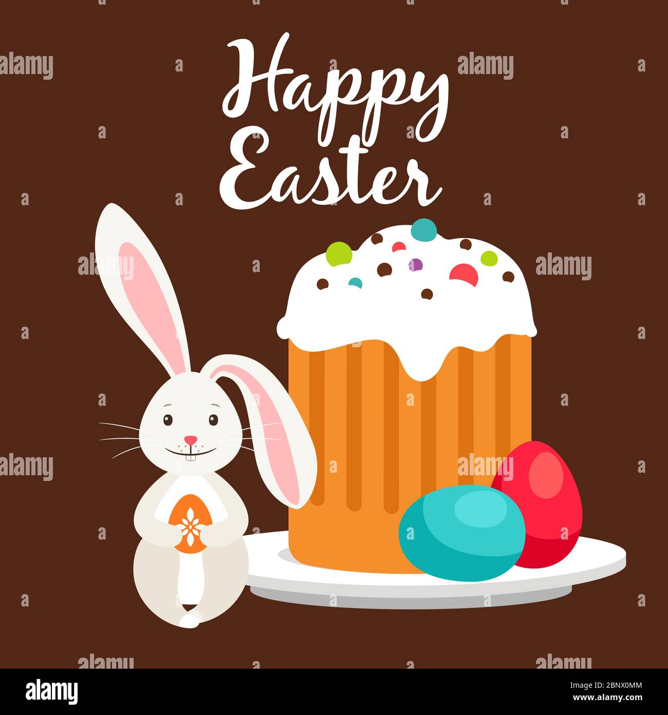 Felice pasqua biglietto di auguri modello con coniglio e torta di Pasqua. Illustrazione vettoriale Illustrazione Vettoriale