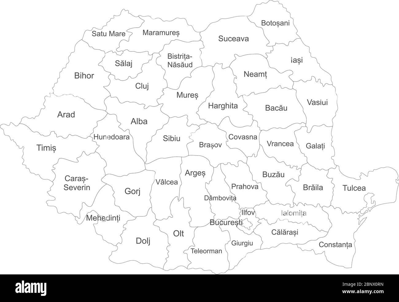 Mappa della regione Romania con etichette. Mappa politica. Perfetto per concetti aziendali, sfondi, sfondo, poster, adesivi, banner, etichette e sfondo Illustrazione Vettoriale