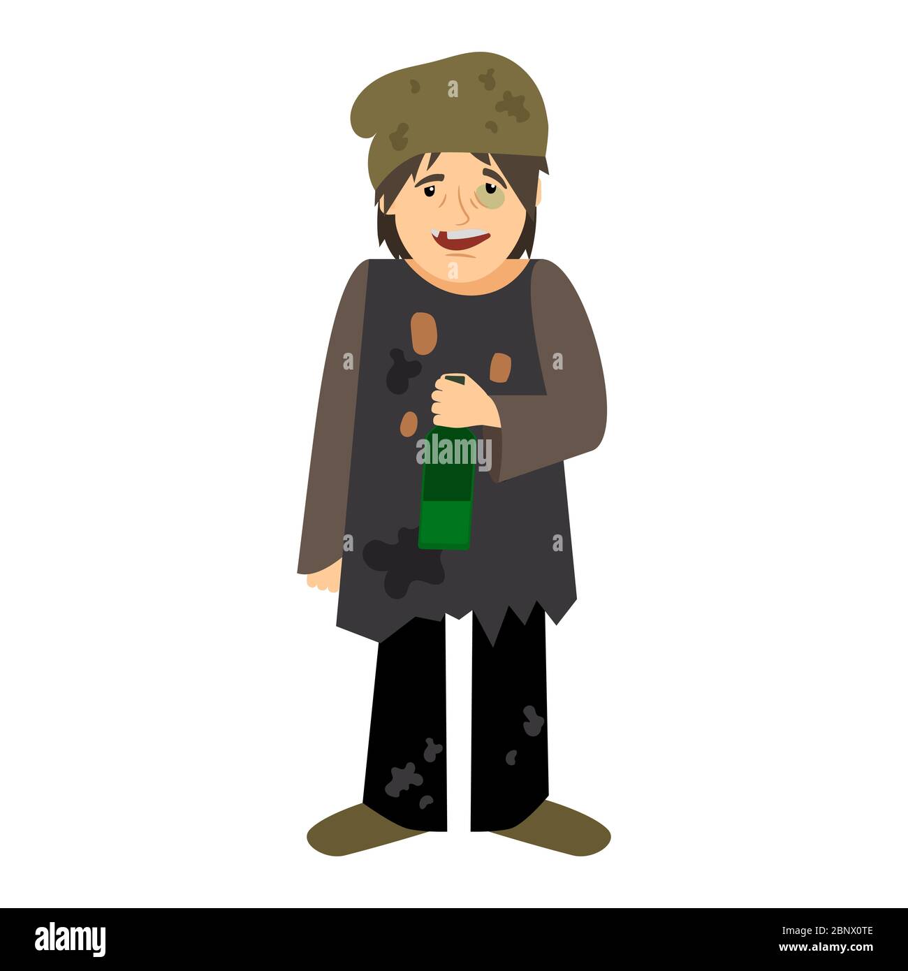 Uomo senza casa che beve da bottiglia icona su sfondo bianco. Illustrazione vettoriale Illustrazione Vettoriale