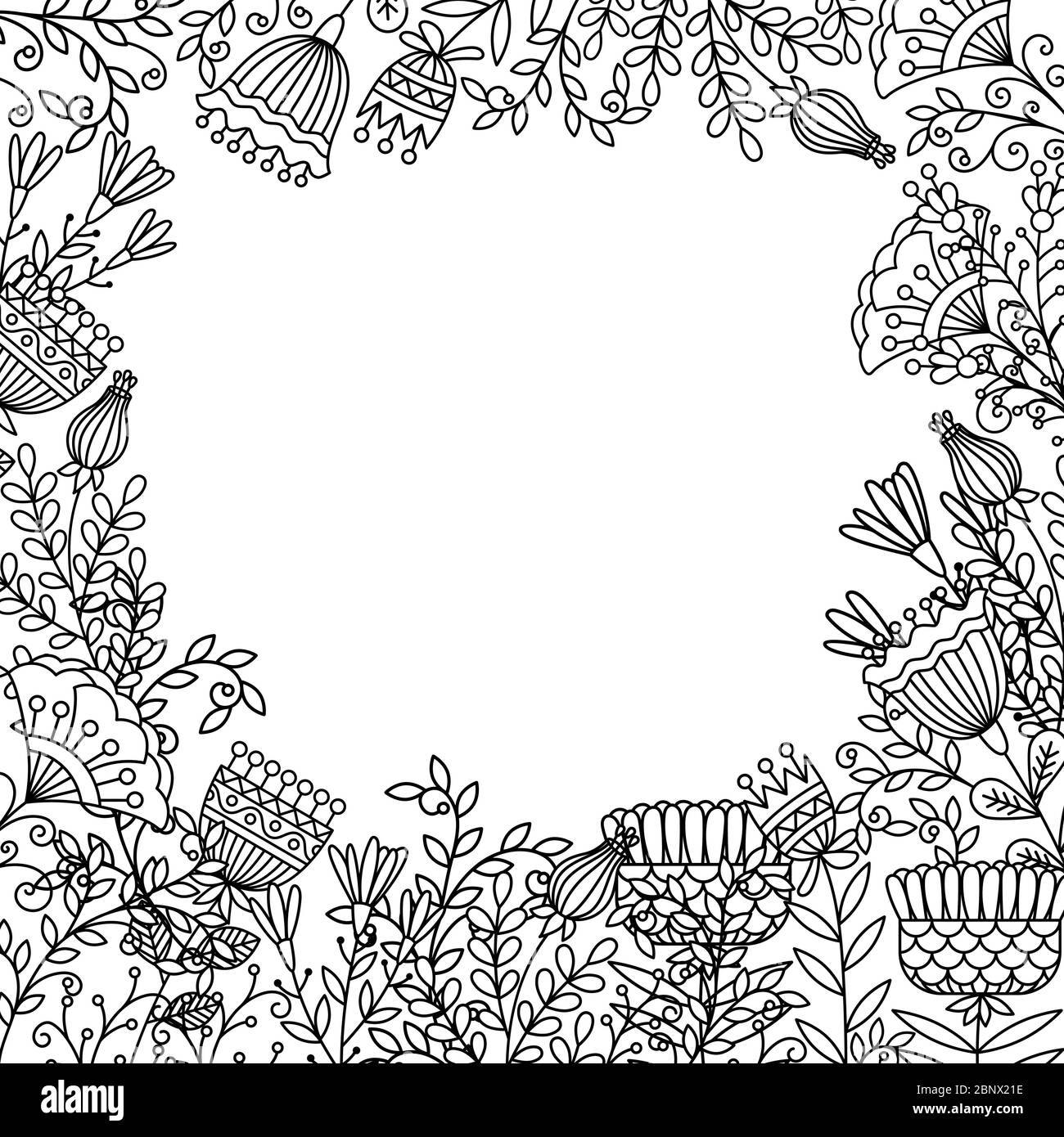 Disegno di pagina di colorazione con fiori di doodle e spazio per il testo. Immagine vettoriale Illustrazione Vettoriale