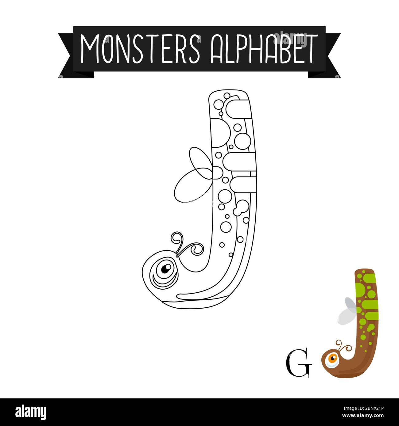 Pagina da colorare mostri alfabeto per bambini. Illustrazione del vettore lettera J. Illustrazione Vettoriale