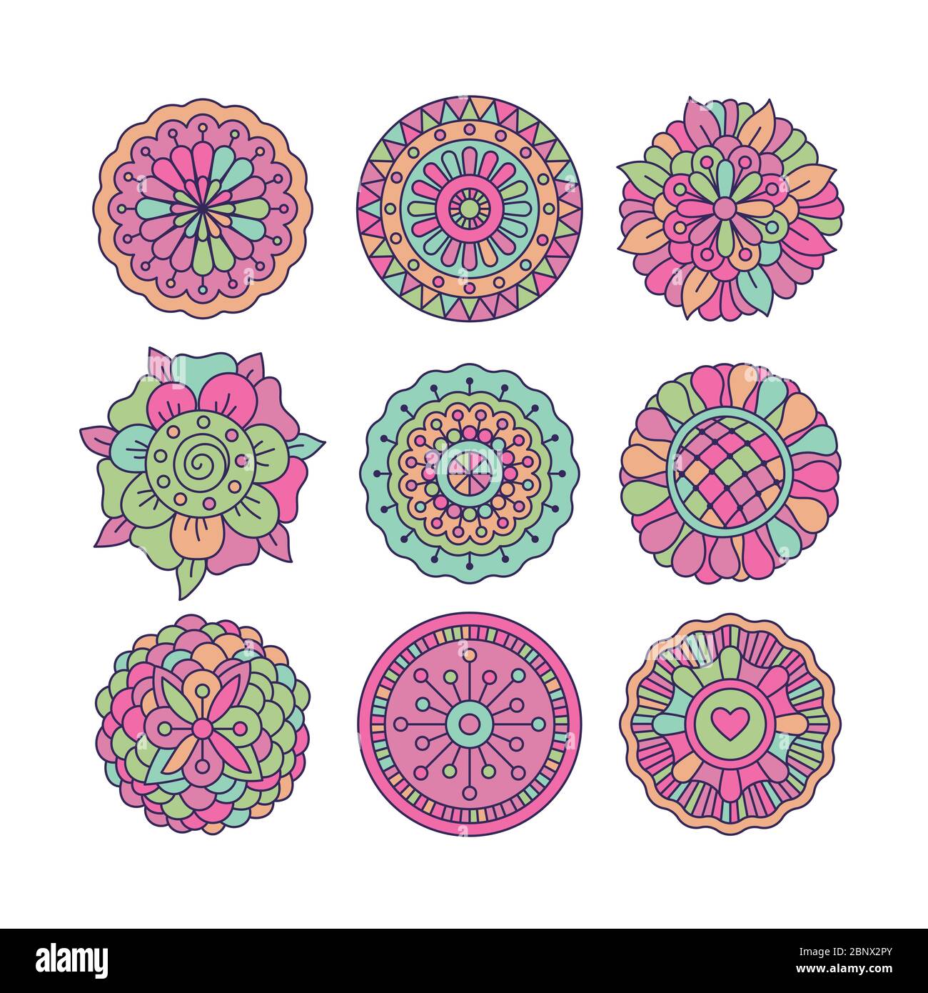 Doodle colorato disegnato a mano elementi floreali rotondi. Immagine vettoriale Illustrazione Vettoriale