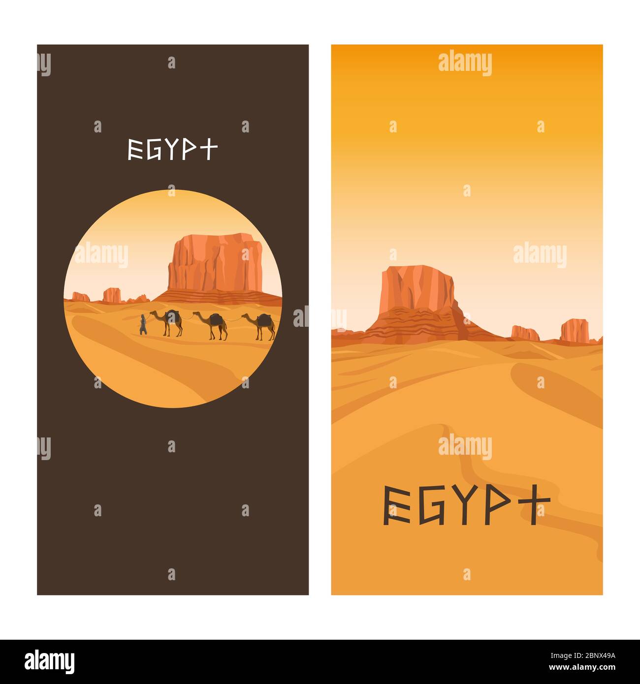 I volantini da viaggio disegnano con il deserto egiziano sahara, le colline sabbiose e il cammello. Illustrazione vettoriale Illustrazione Vettoriale