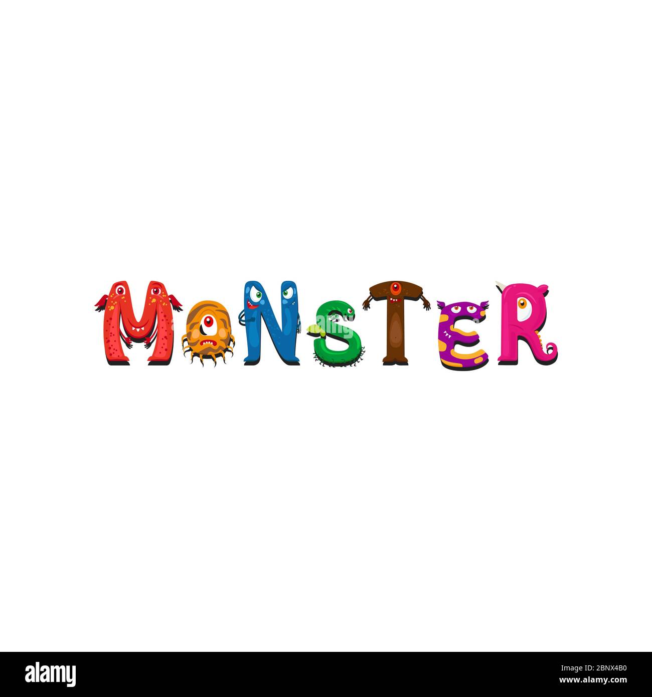 Stampa per tessuti con Monsters lettera e parola Monster isolato su bianco. Illustrazione vettoriale Illustrazione Vettoriale