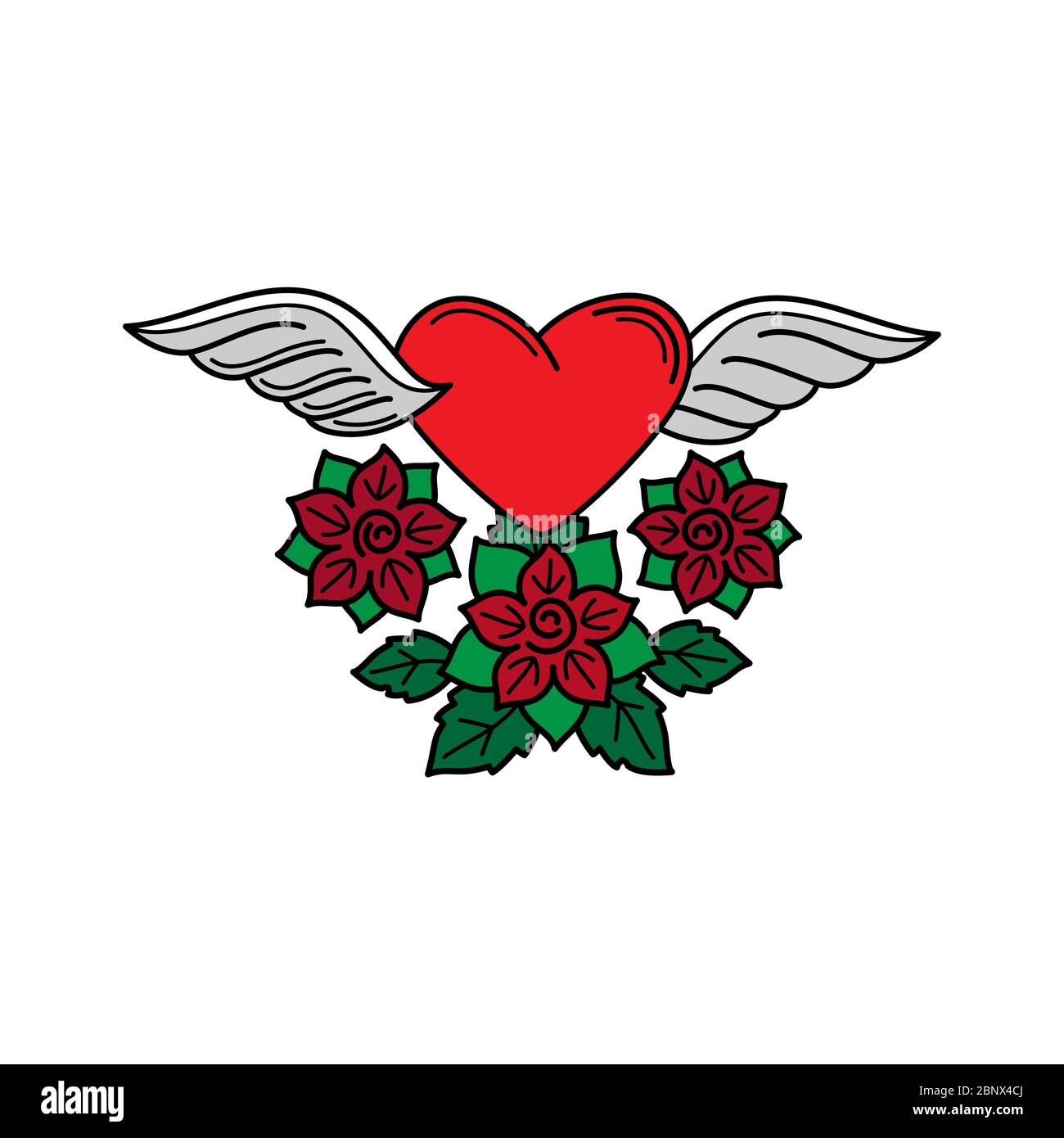Cuore tatuaggio della vecchia scuola con ali e rose elemento vettoriale isolato Illustrazione Vettoriale