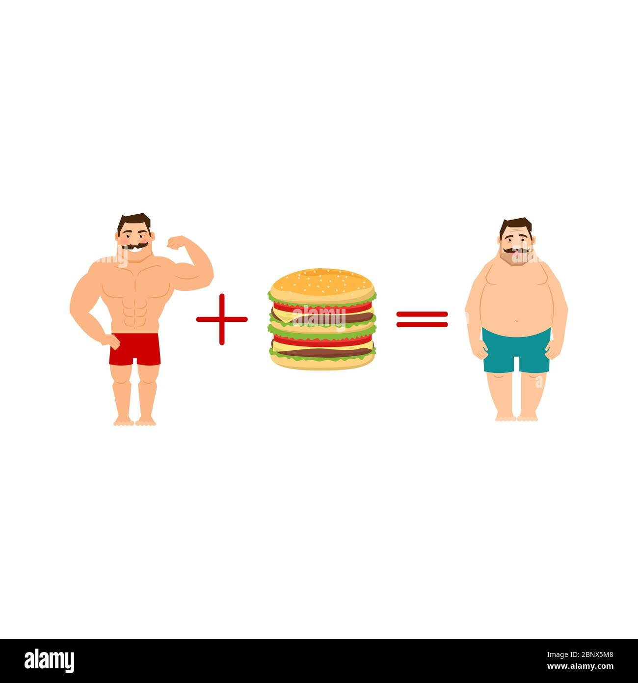 L'equazione con l'uomo muscoloso fumetto con baffi, fast food e uomo  grasso, illustrazione vettoriale Immagine e Vettoriale - Alamy