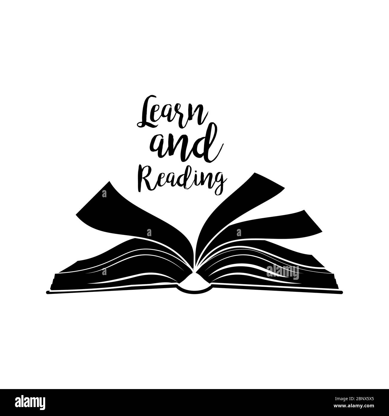 Impara e leggi la citazione scritta, libro aperto silhouette nera isolato su bianco. Illustrazione vettoriale Illustrazione Vettoriale