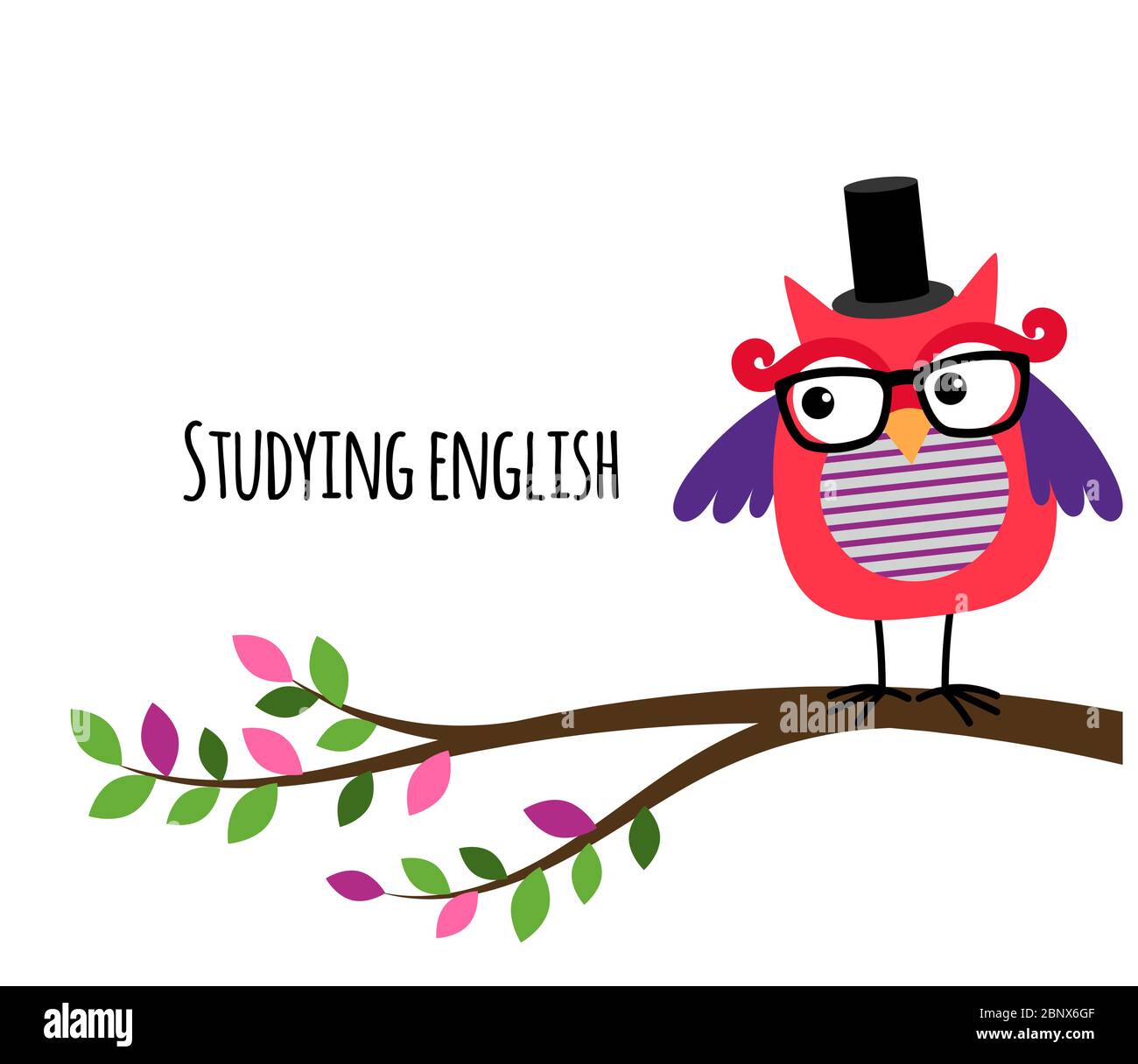 Clever Owl studiando banner vettoriale inglese per il sito web di formazione Illustrazione Vettoriale