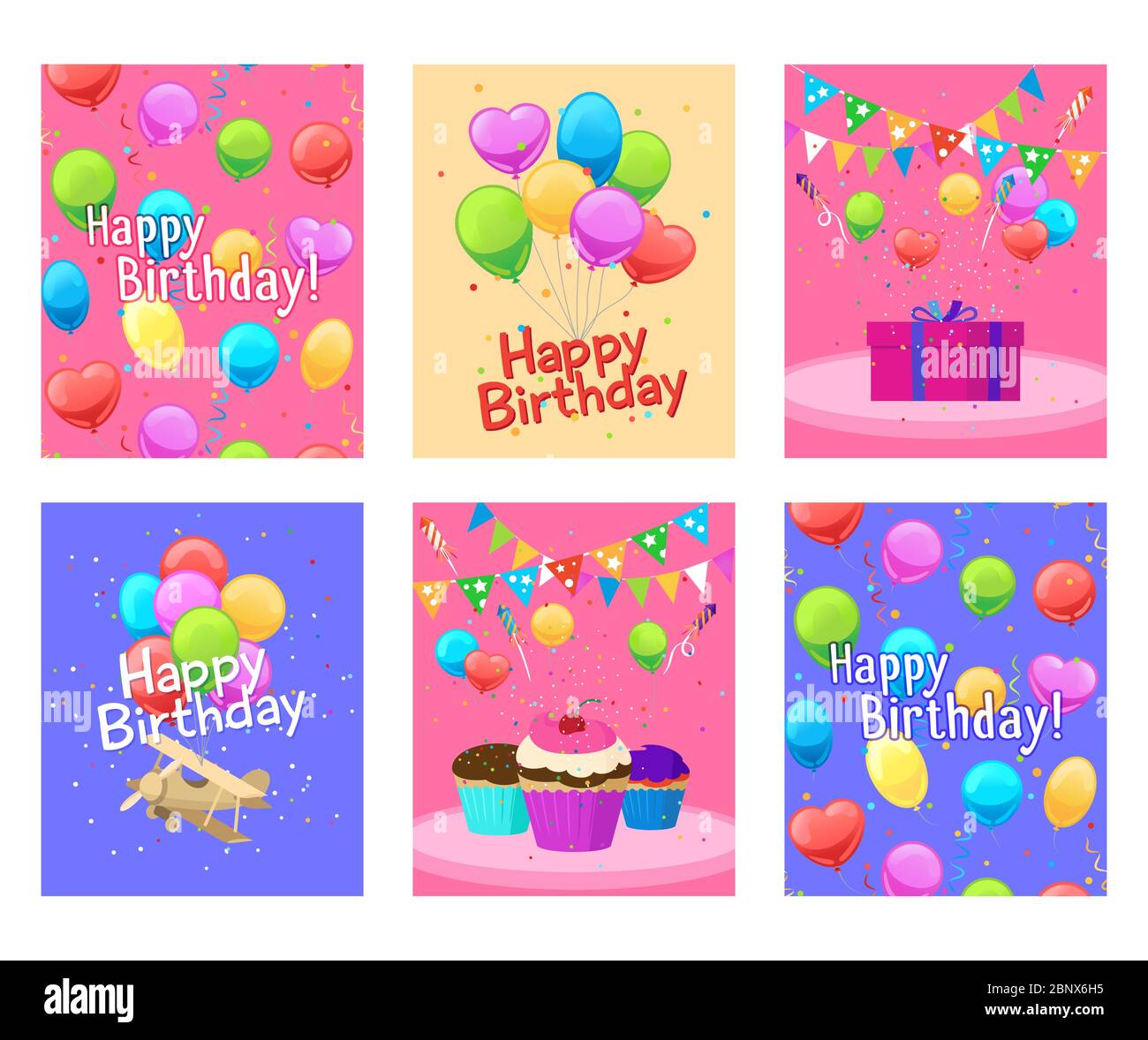 Felice compleanno carte di invito set per ragazzi e ragazze illustrazione vettoriale Illustrazione Vettoriale