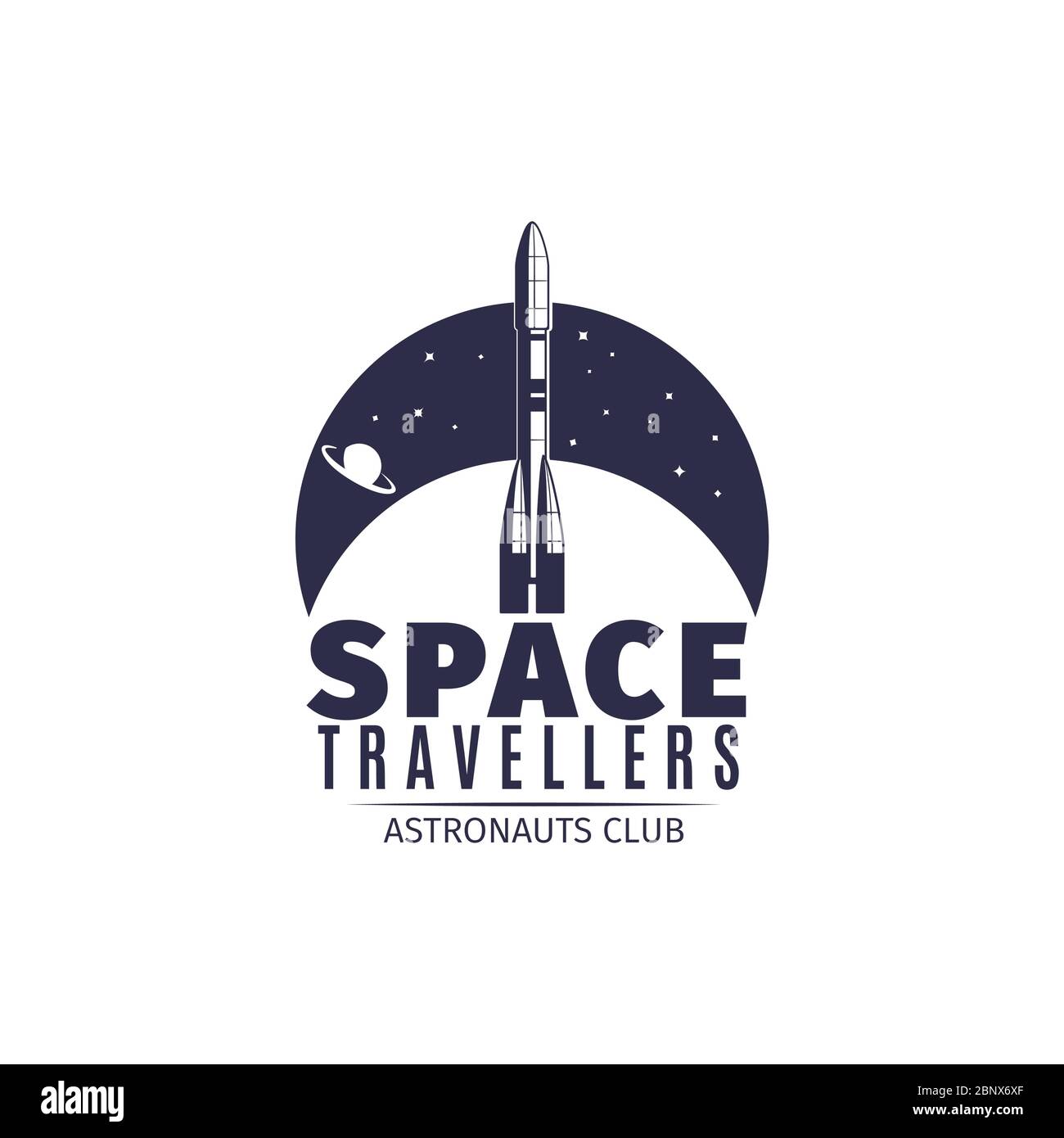 Viaggiatori spaziali. Logo del club astronauta in stile retrò. Etichetta astronautica vintage con illustrazione vettoriale a razzo spaziale Illustrazione Vettoriale