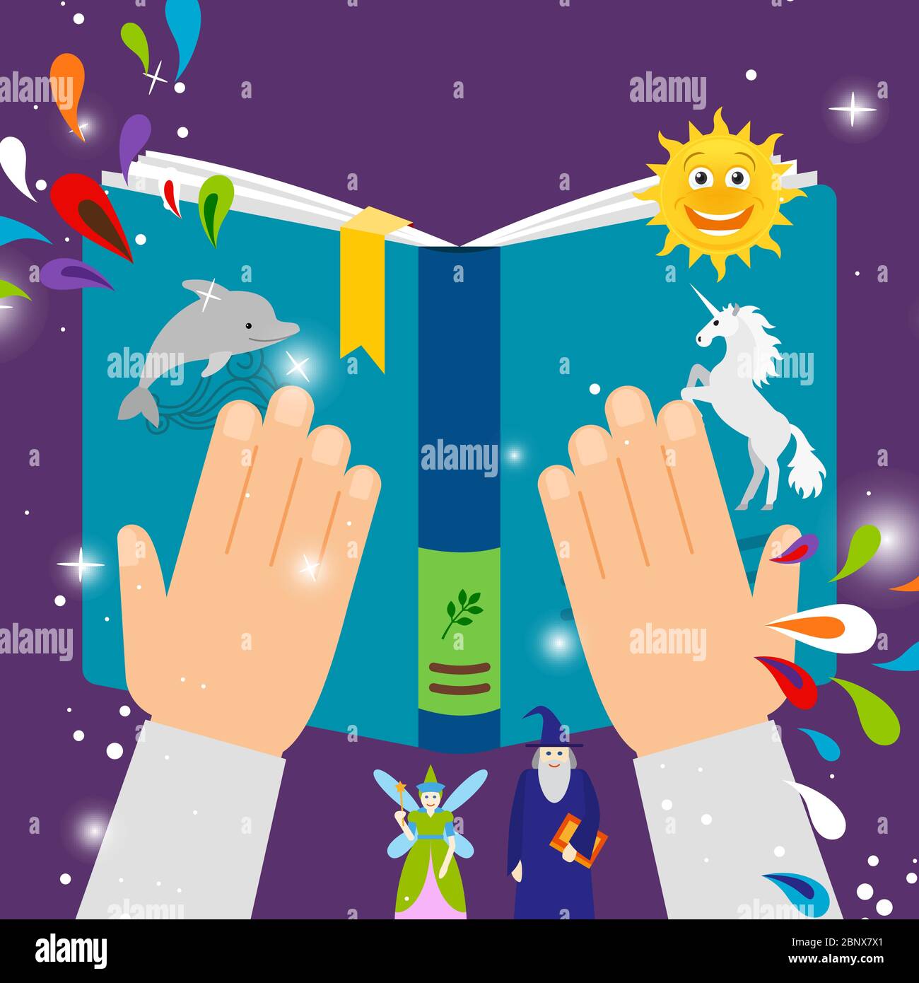 Libro per bambini fiabesco, illustrazione vettoriale vista dall'alto Illustrazione Vettoriale