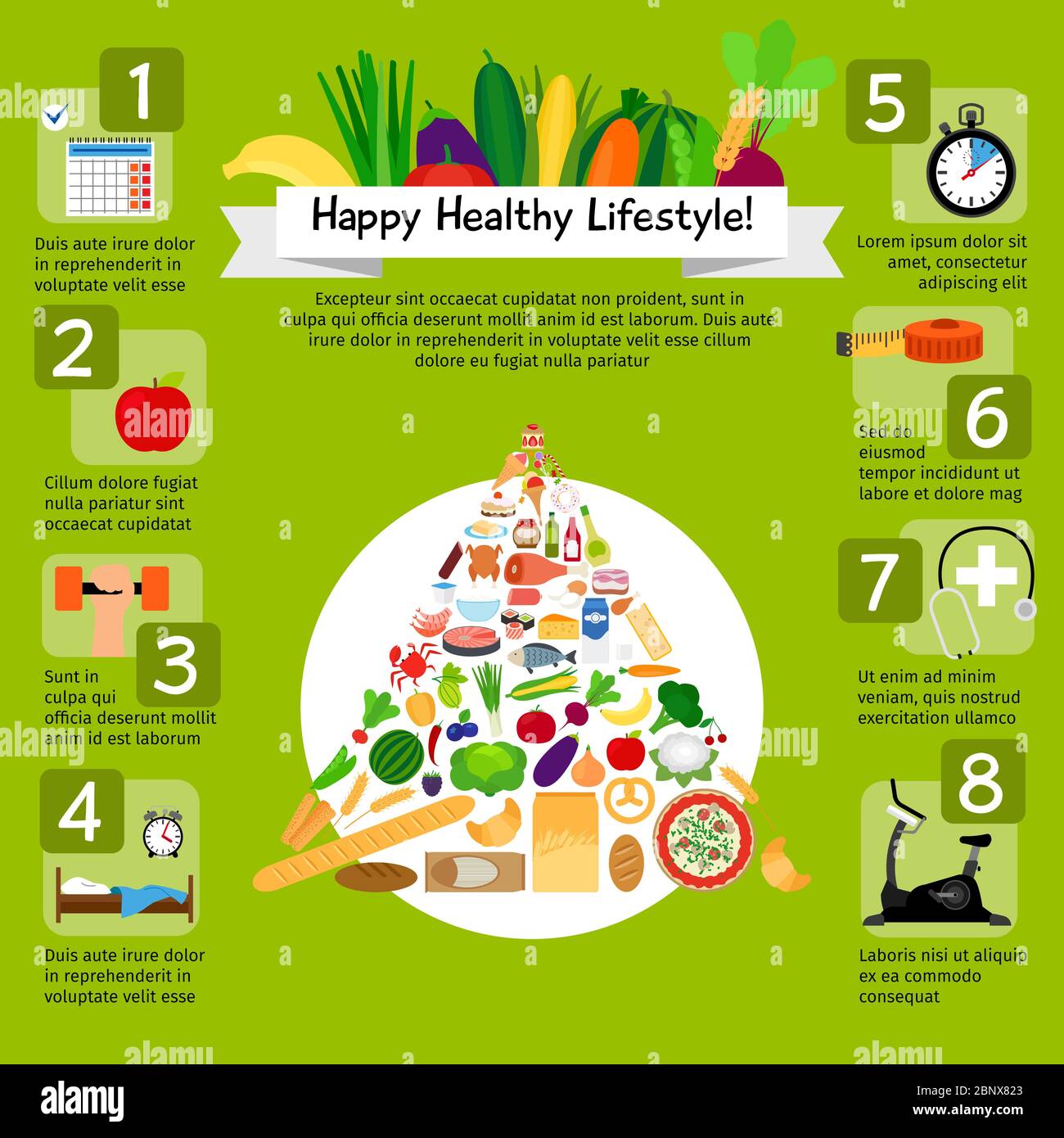 Felice sano stile di vita infografica con cibo sano e icone sportive. Illustrazione vettoriale Illustrazione Vettoriale