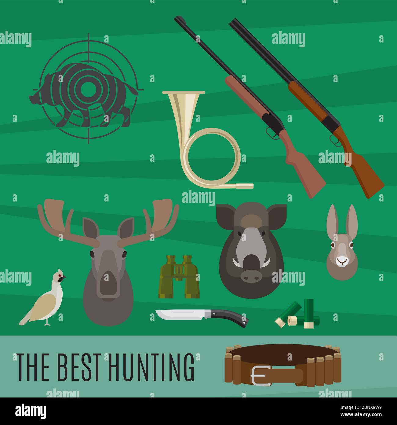 Accessori di caccia e illustrazione vettoriale preda, insieme di elementi Illustrazione Vettoriale
